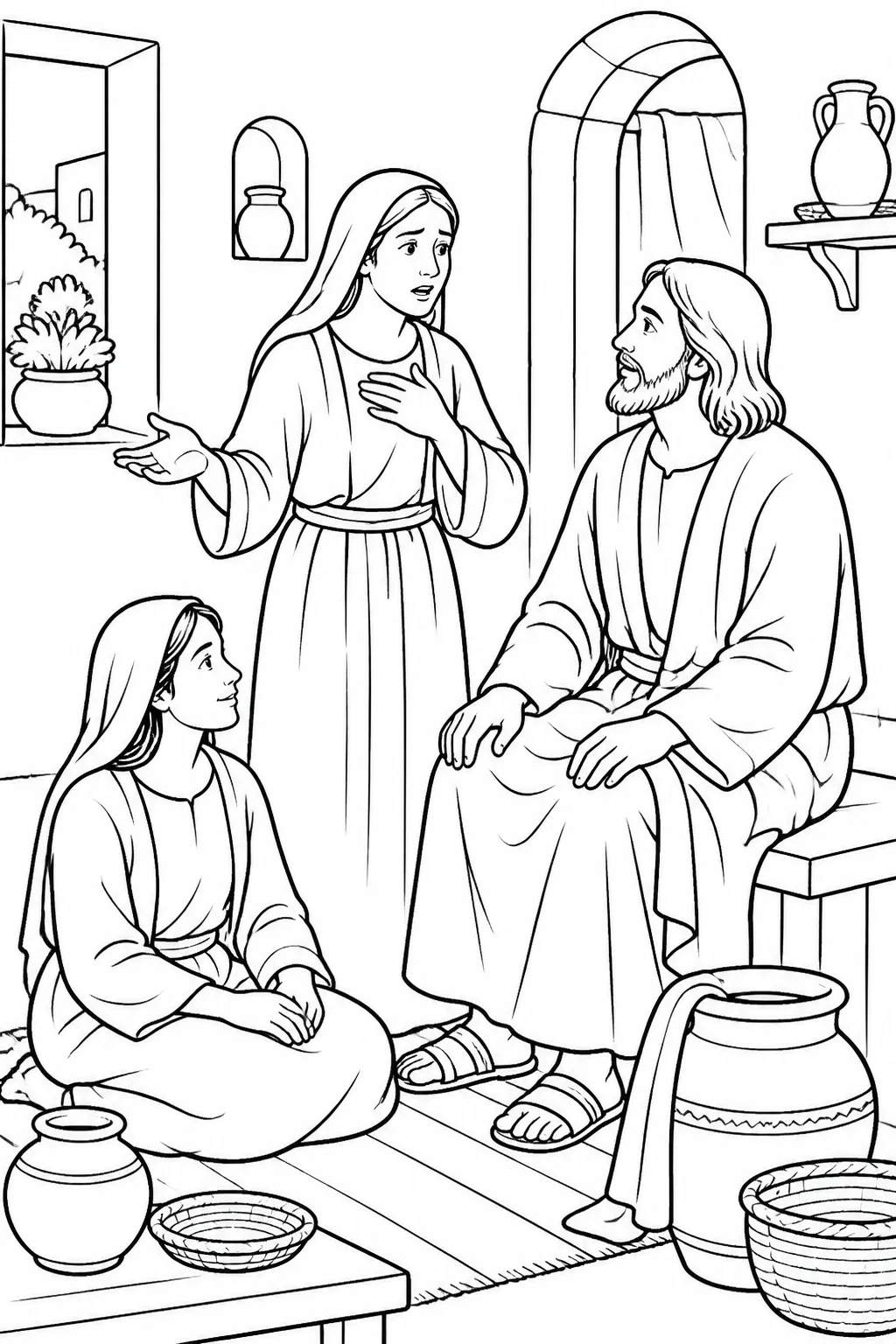 Jesus, Martha, and Mary in Martha’s home: Martha turns to Jesus with concern while Mary sits at Jesus’ feet listening.