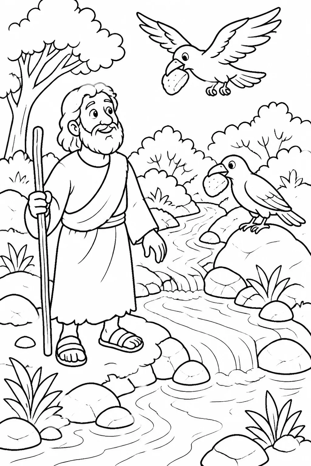Elijah beside the Brook Cherith with nearby ravens and flowing water, illustrating 1 Kings 17:2-4.