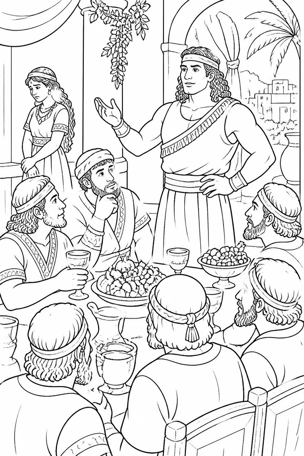 Samson faces Philistine companions at a Timnah wedding feast while his Timnahite wife stands nearby, suggesting broken trust around the riddle.