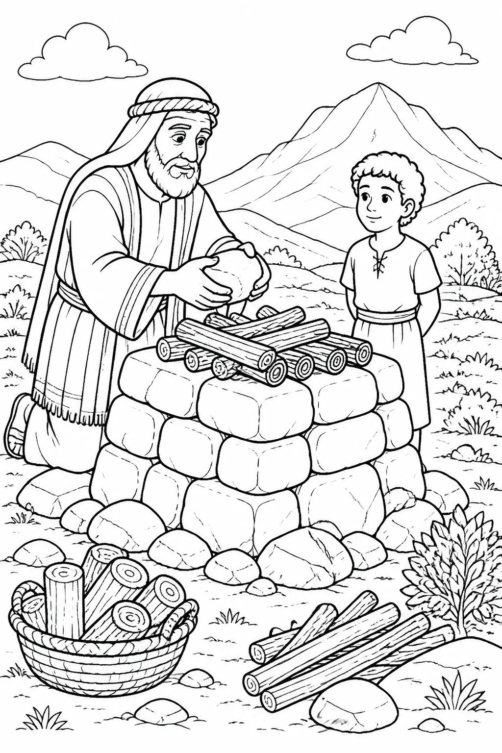 Abraham building and arranging wood on an altar on a mountain while Isaac is shown safely beside it, based on Genesis 22:9-10.