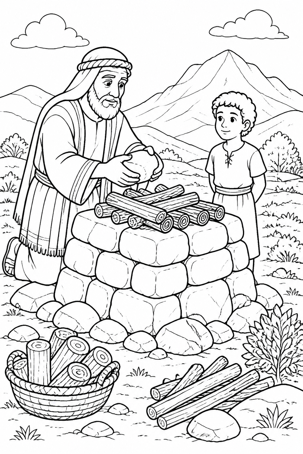 The Altar on the Mountain from Abraham and Isaac on Mount Moriah Bible coloring page