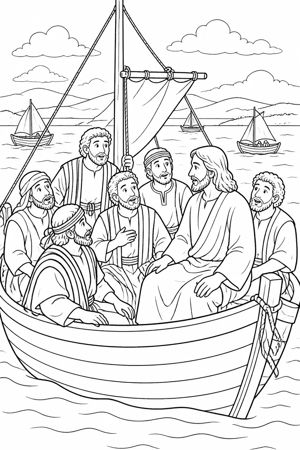 Jesus and several disciples in a boat on a calm sea after the storm, with the disciples looking toward Jesus and one another in awe.