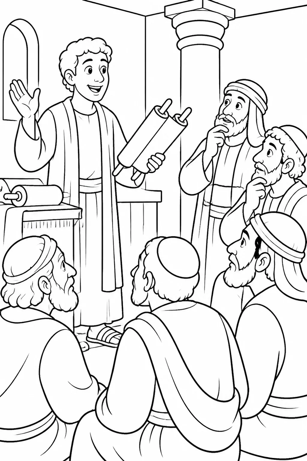 Stephen speaking with an open scroll or raised hand to thoughtful listeners in a Jerusalem synagogue, based on Acts 6:8–10.