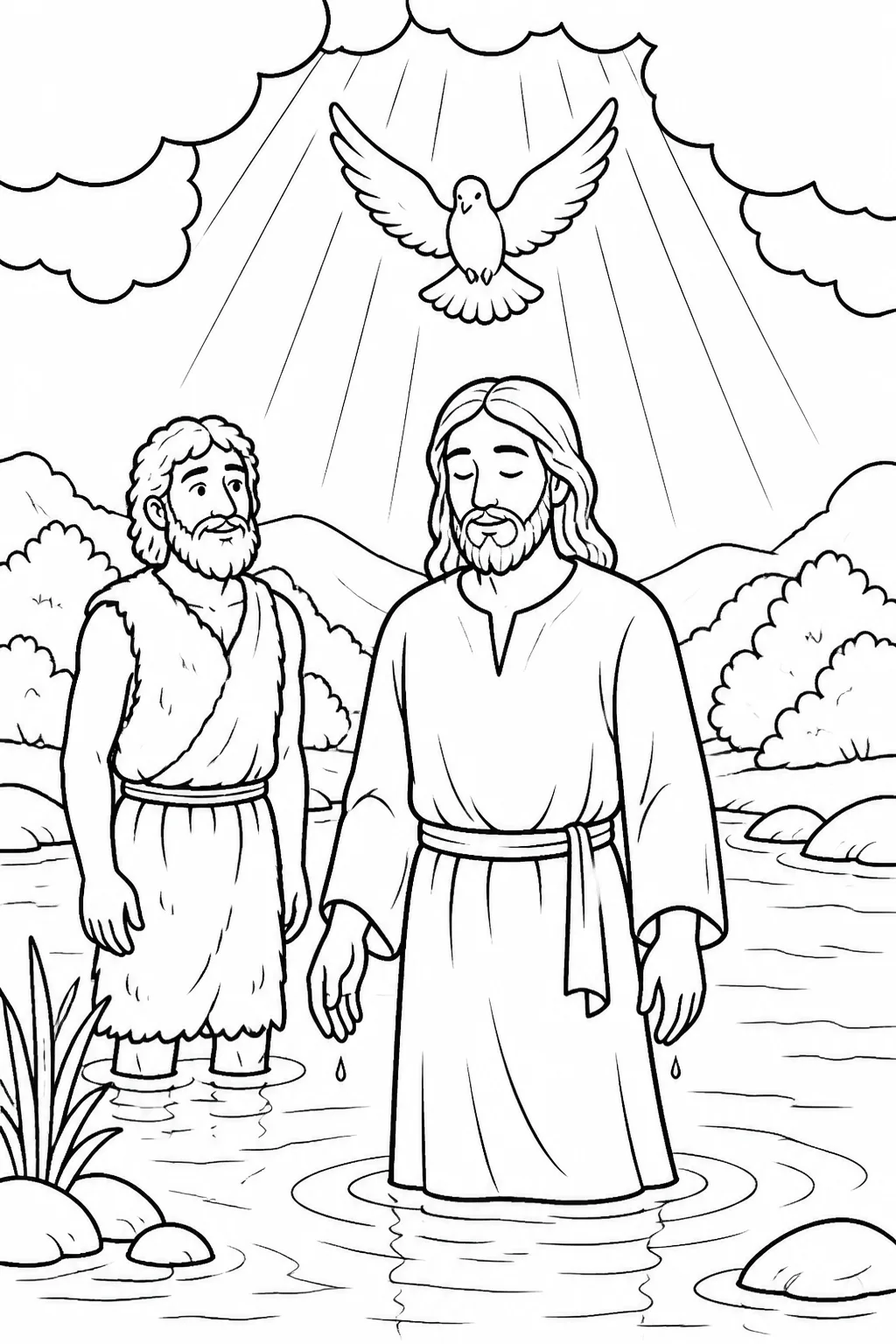 Jesus has come up from the Jordan after baptism as the heavens open and the Spirit of God descends like a dove to rest on him; John the Baptist may be nearby.