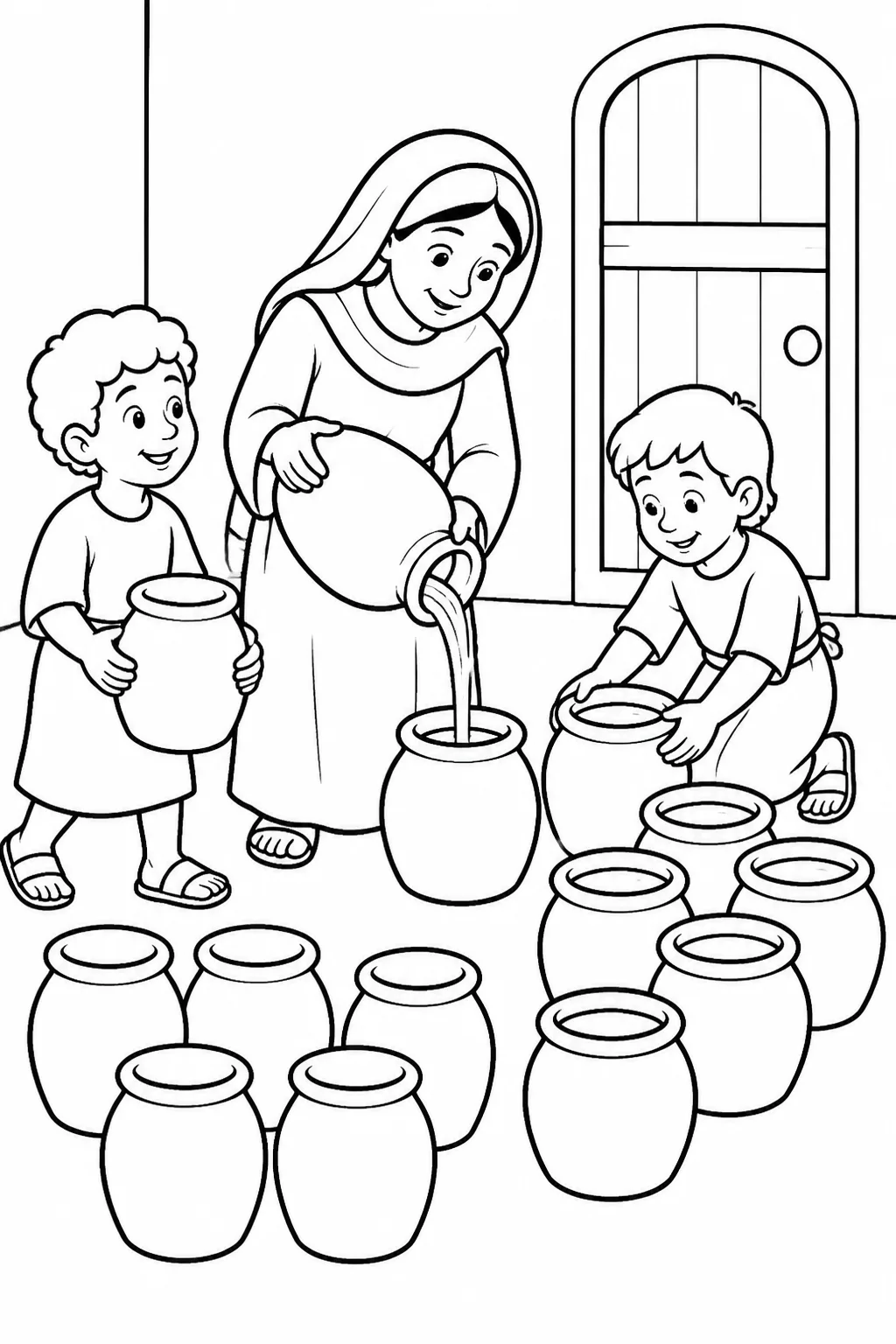 An unnamed widow pours oil from a jar into containers inside her closed household while her two sons bring empty containers and set filled ones aside.