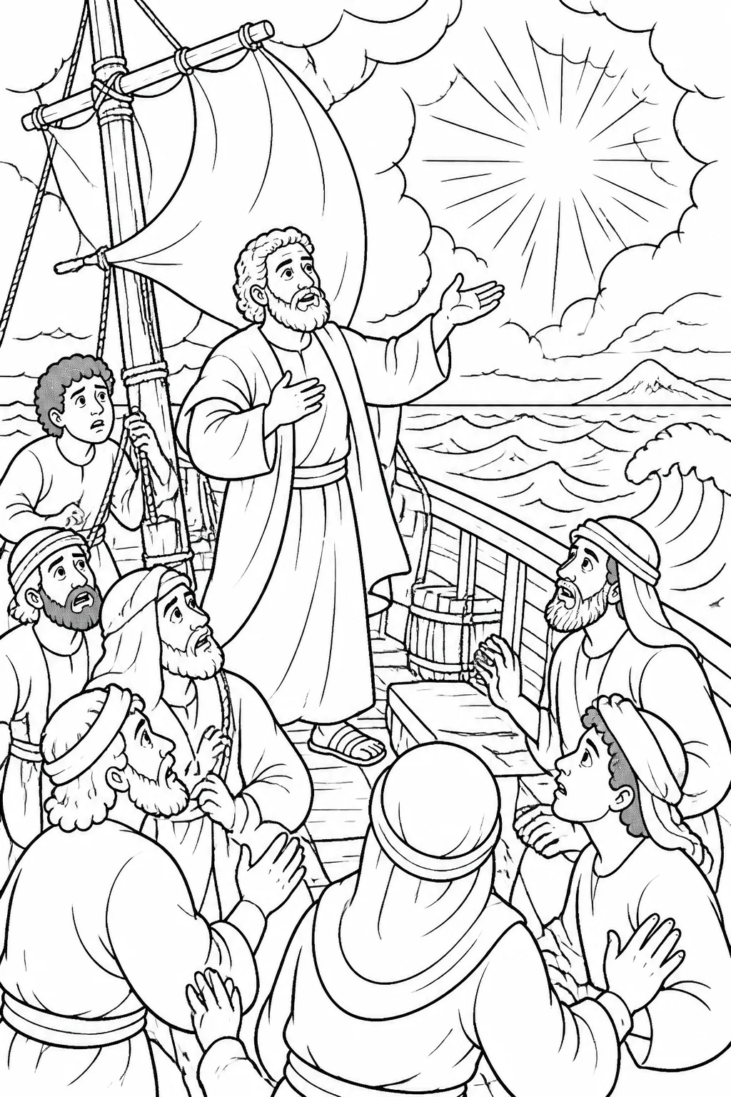 Paul encouraging passengers and sailors on a storm-tossed ship, with storm clouds, waves, a distant island, and a subtle radiant angelic presence.