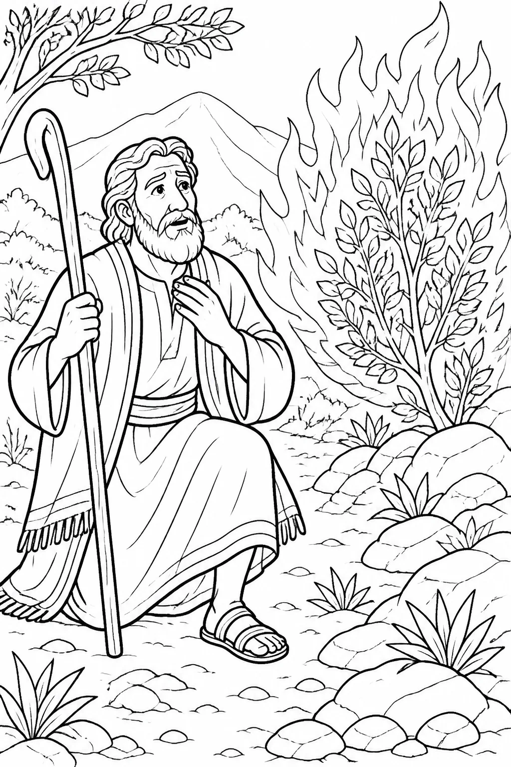 Moses listening near the burning bush as the LORD promises to help him speak and teach him what to say.