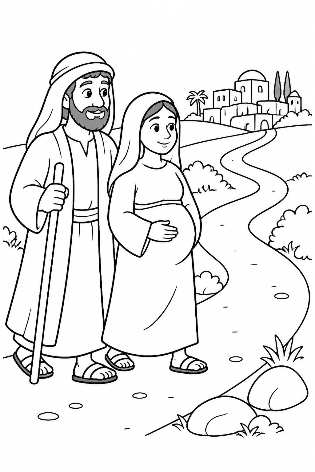 Mary and Joseph traveling together on a simple path from Nazareth in Galilee toward Bethlehem in Judea.