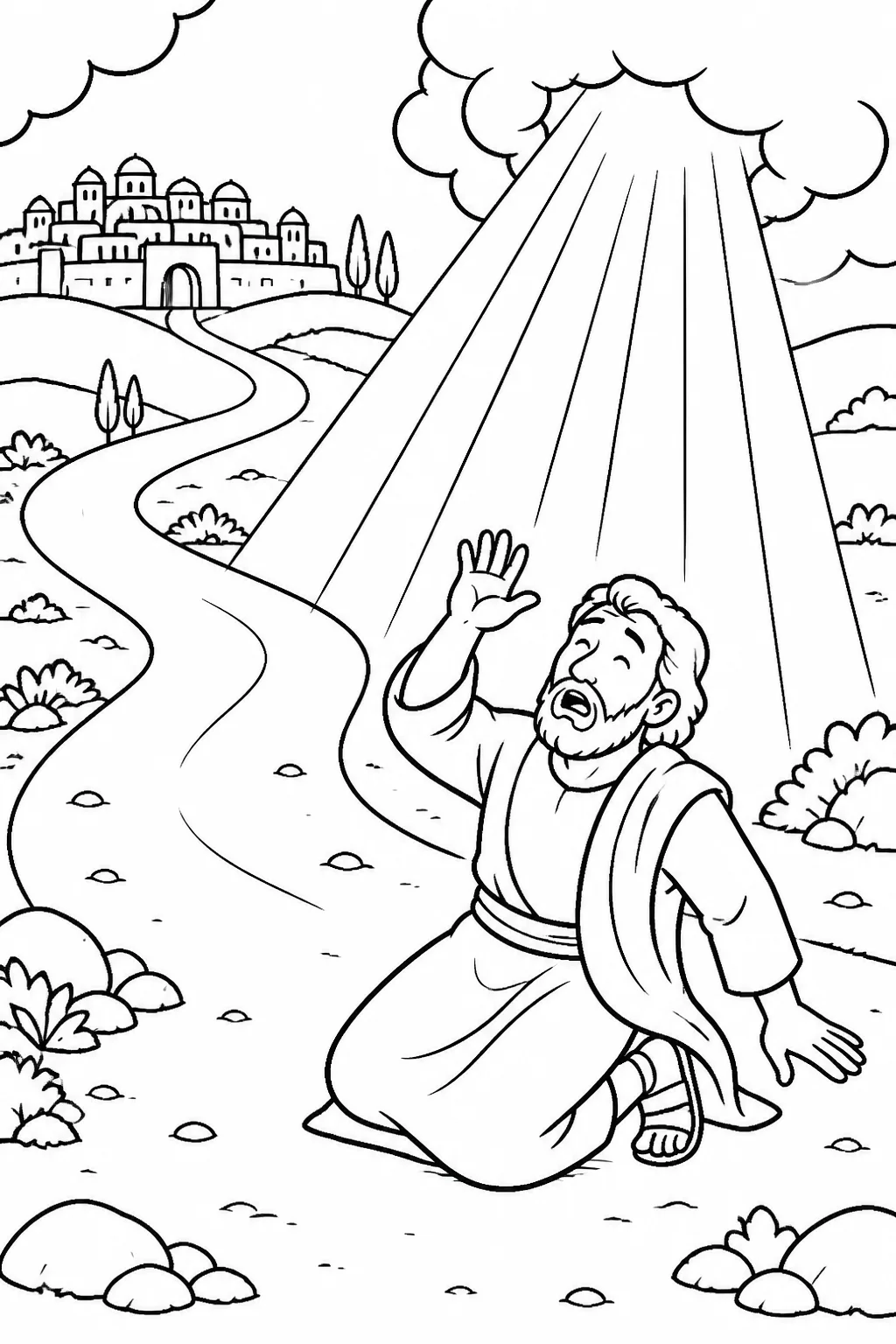 Saul on the road near Damascus kneeling beneath a heavenly light while Jesus speaks from heaven, represented only by light and voice.
