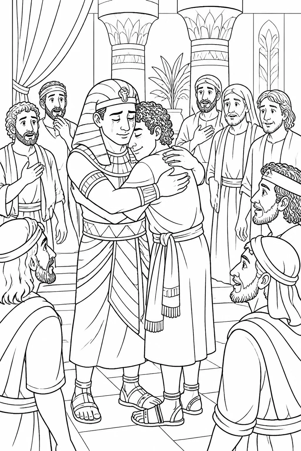 Joseph embraces Benjamin and weeps with his brothers inside Joseph’s residence in Egypt after revealing that he is Joseph.