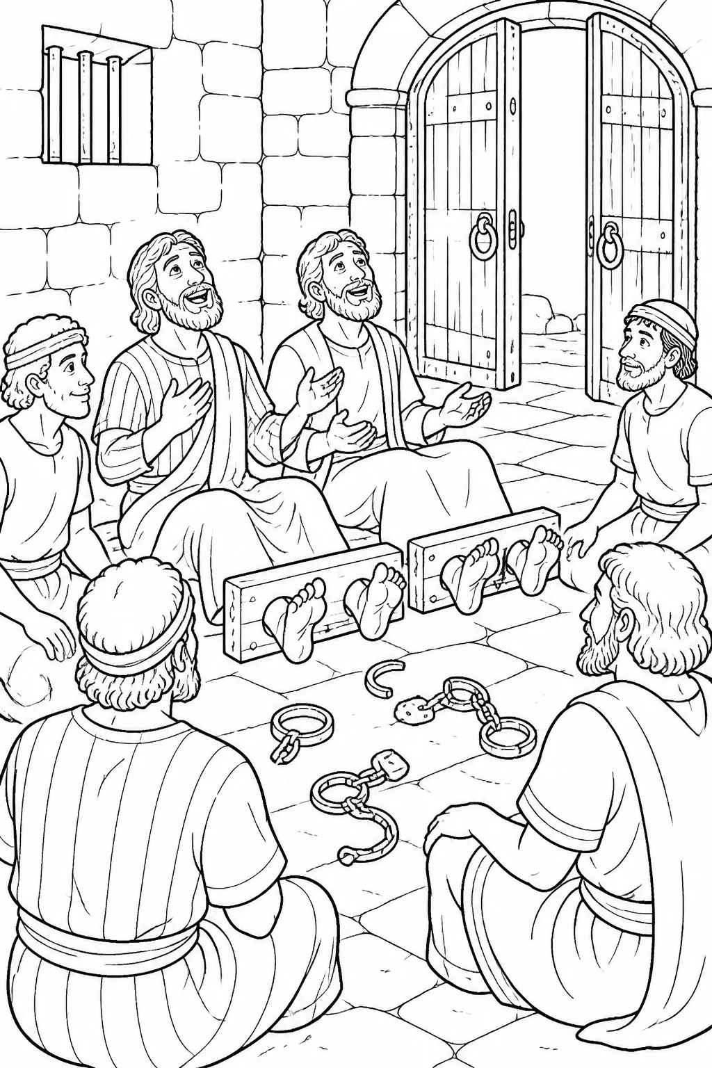 Paul and Silas in the inner prison with stocks, other prisoners listening, open prison doors, loosened bonds, and Paul calling that everyone is still there.