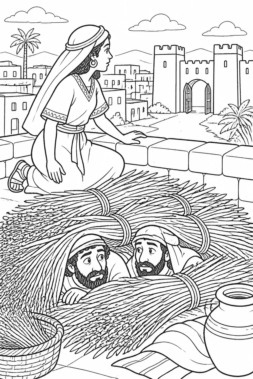Rahab on her roof near bundles of flax while two unnamed Israelite spies hide beneath them, with Jericho’s city gate in the distance.