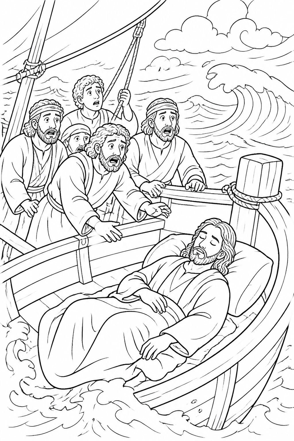 Jesus Sleeps on a Cushion from Jesus Calms the Storm Bible coloring page