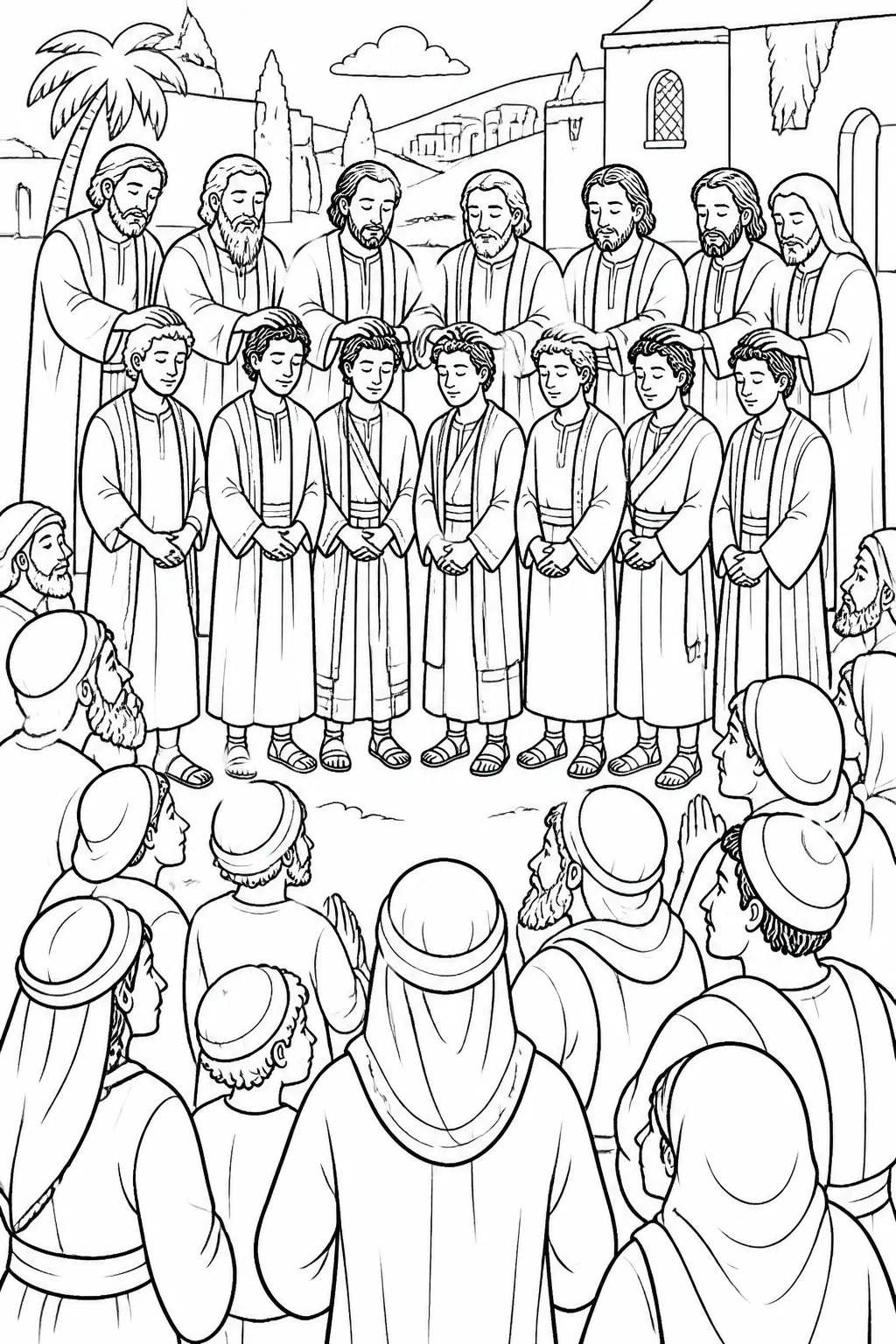 Stephen and six other named servants stand before the gathered church community as the apostles pray and lay hands on them in Jerusalem.