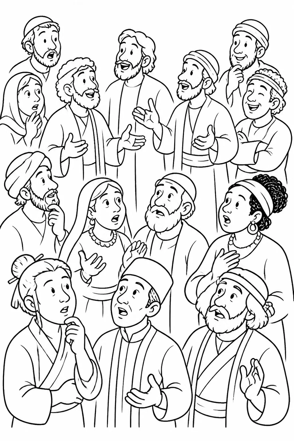 A multicultural crowd in Jerusalem hears believers speaking in many languages about God’s mighty works; some listeners look amazed or puzzled while a few mock them gently.