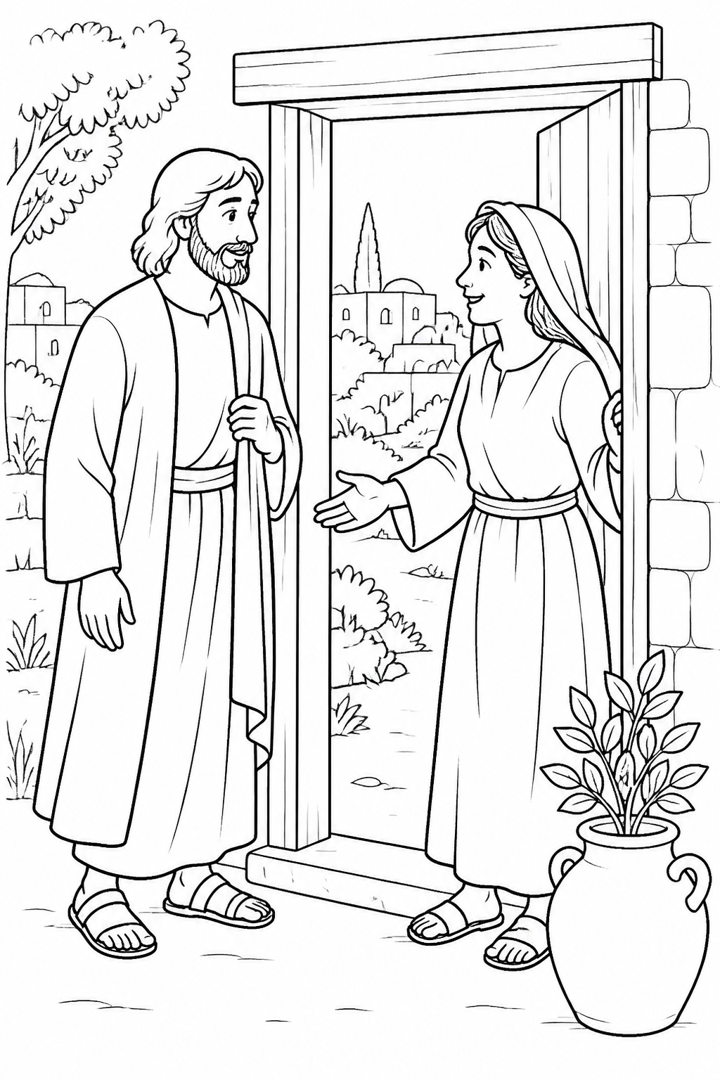Martha Welcomes Jesus from Jesus Visits Mary and Martha Bible coloring page