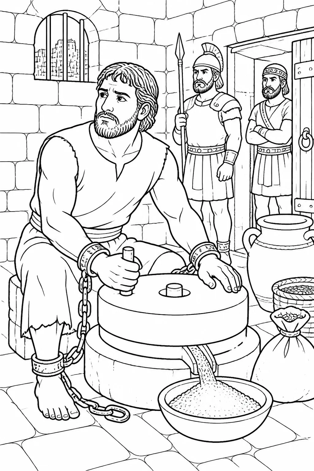 Samson in the Philistine prison at Gaza with bronze shackles and a grain mill, his short hair beginning to grow again.