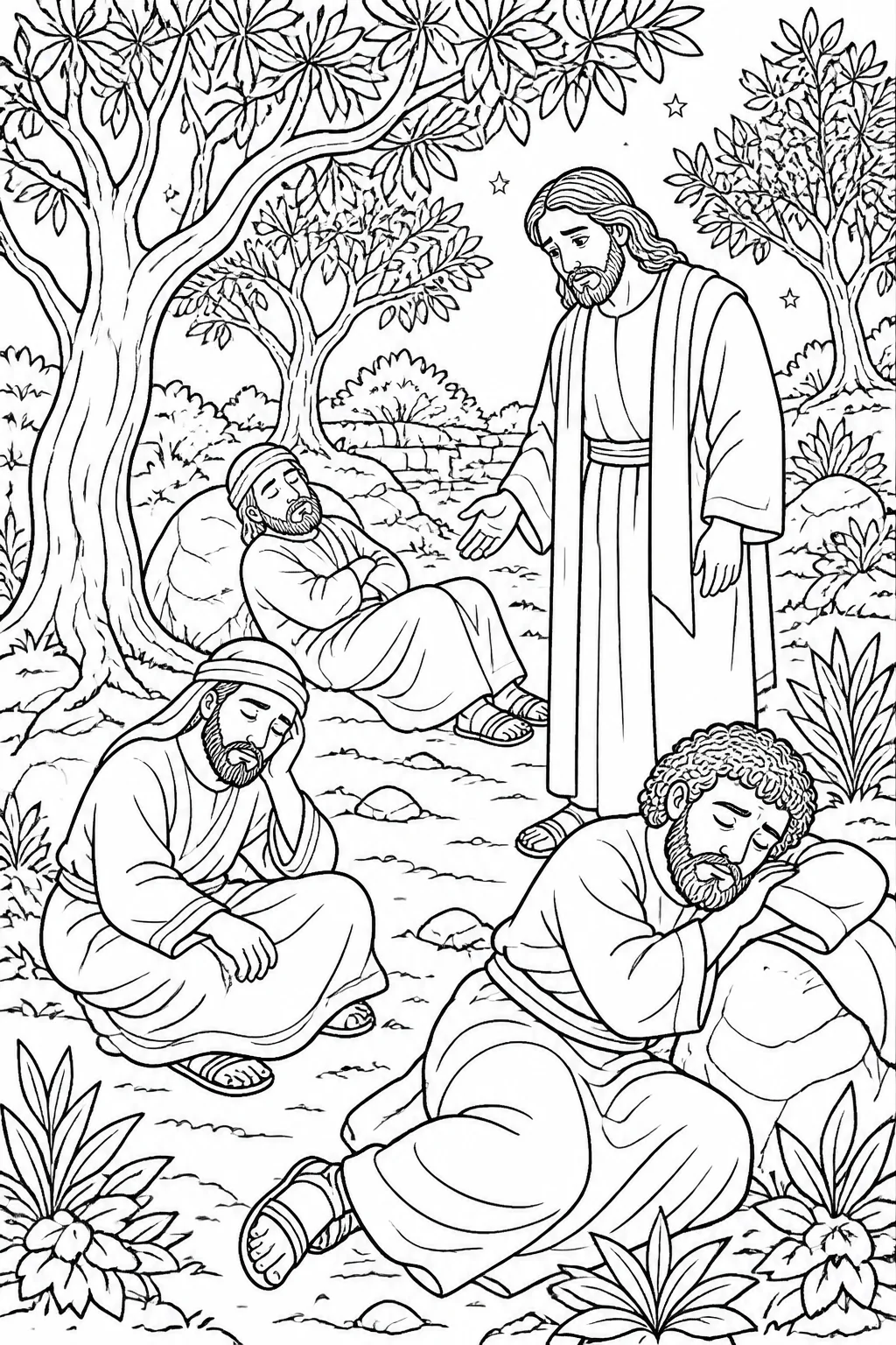 Jesus near the sleeping disciples in the quiet garden of Gethsemane, illustrating Matthew 26:43, when their eyes were heavy.