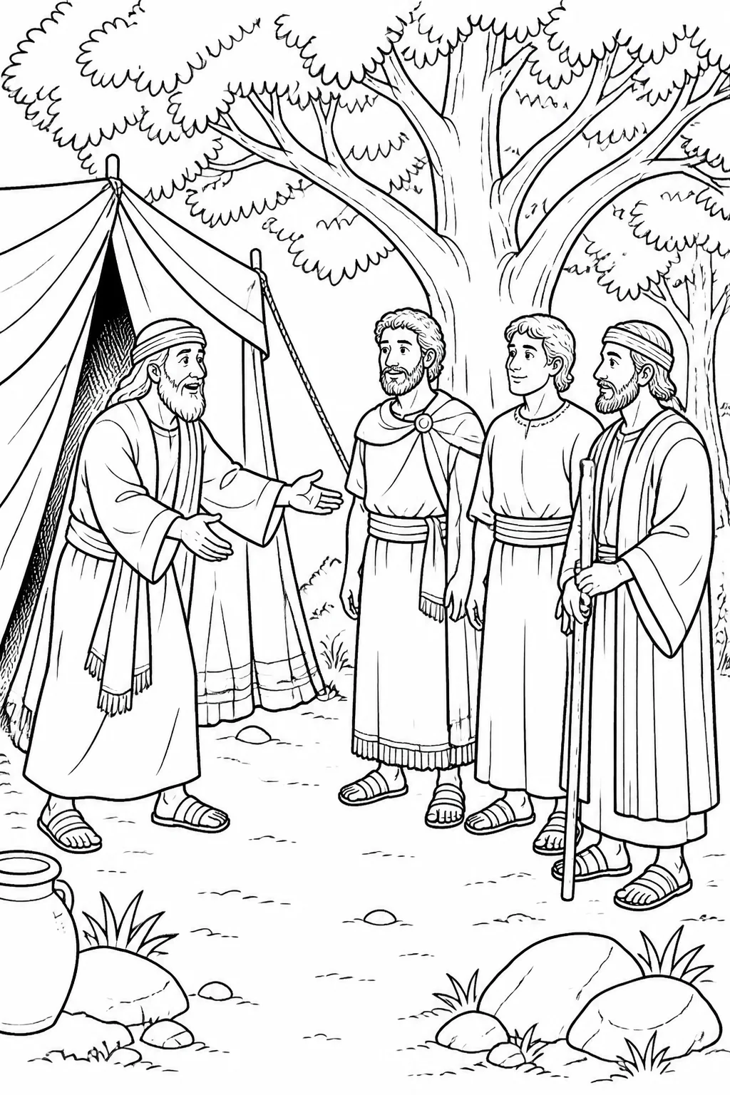 Abraham respectfully welcoming three visitors at the entrance of his tent beneath the oaks of Mamre, based on Genesis 18:1-2.