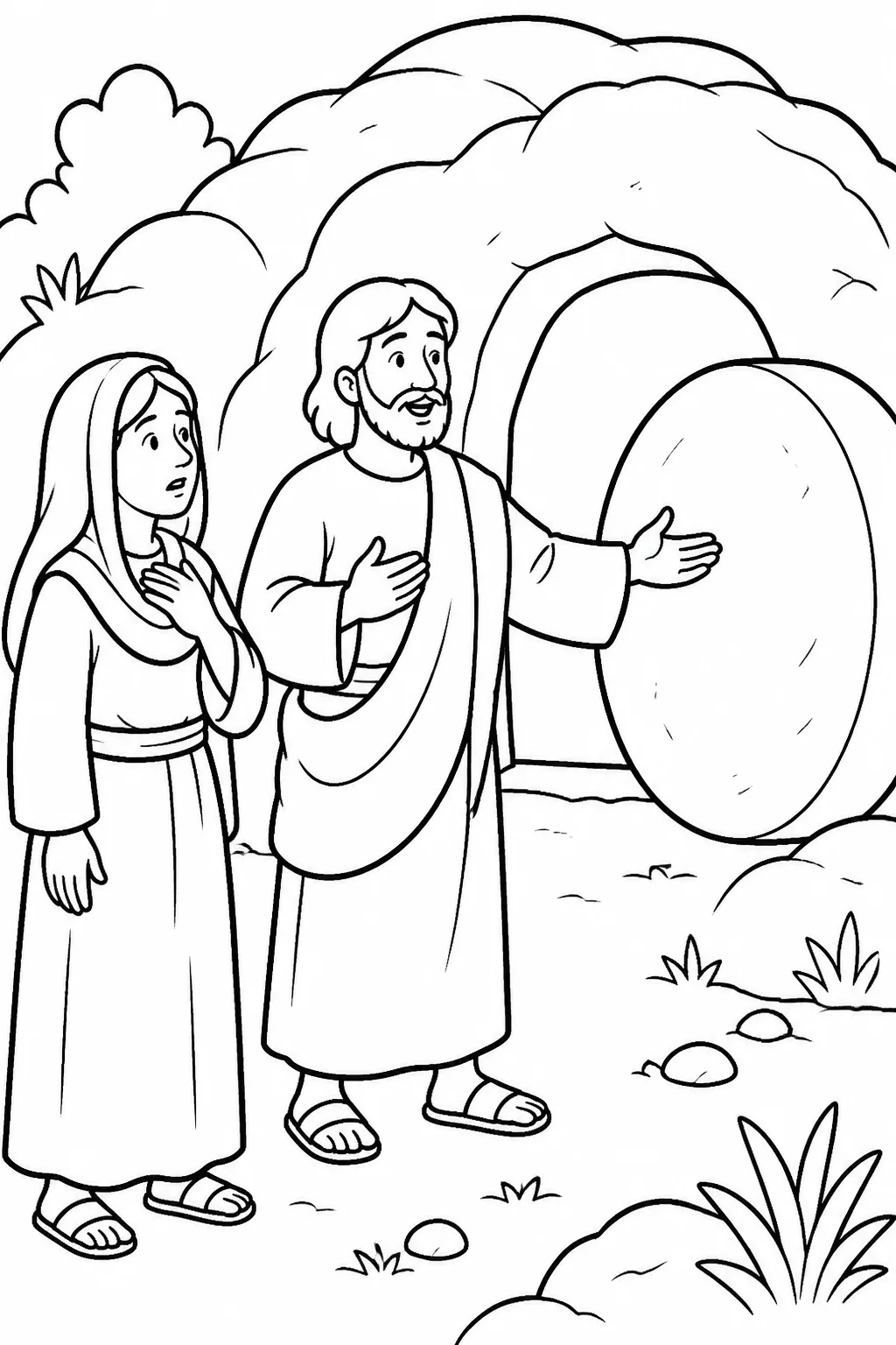 Jesus stands before Lazarus’s cave tomb while the stone covering the entrance is being moved, with Martha nearby expressing concern.