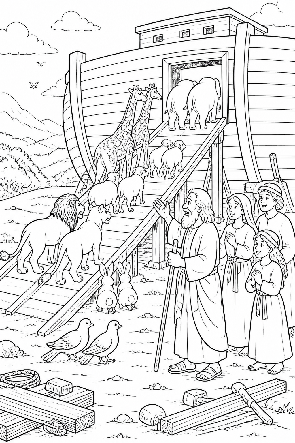 Animals Entering the Ark Two-by-Two from Noah’s Ark Bible coloring page