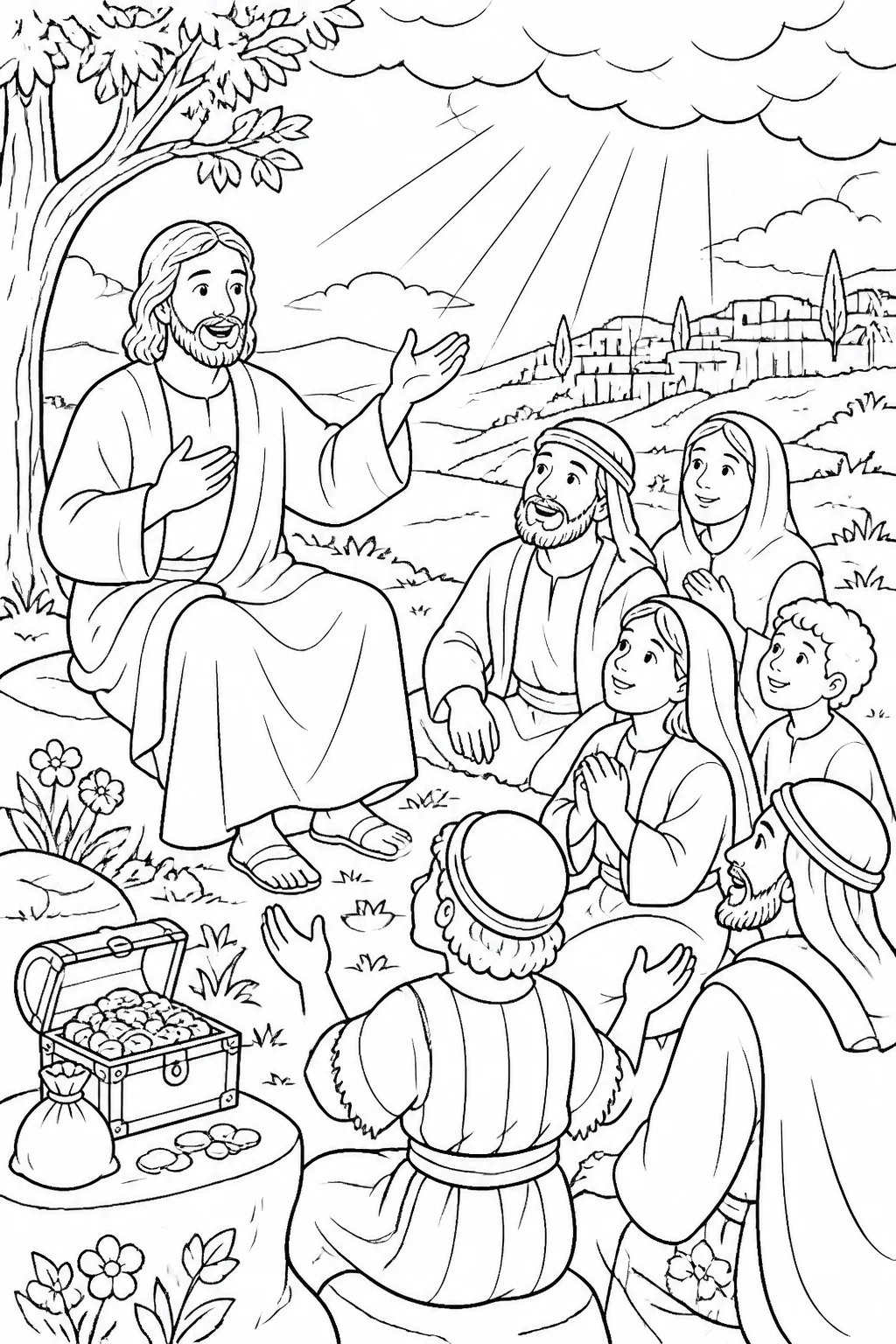 Jesus teaching beside treasure, with open hands showing gratitude and attention toward God, illustrating the conclusion of the parable of the rich fool.