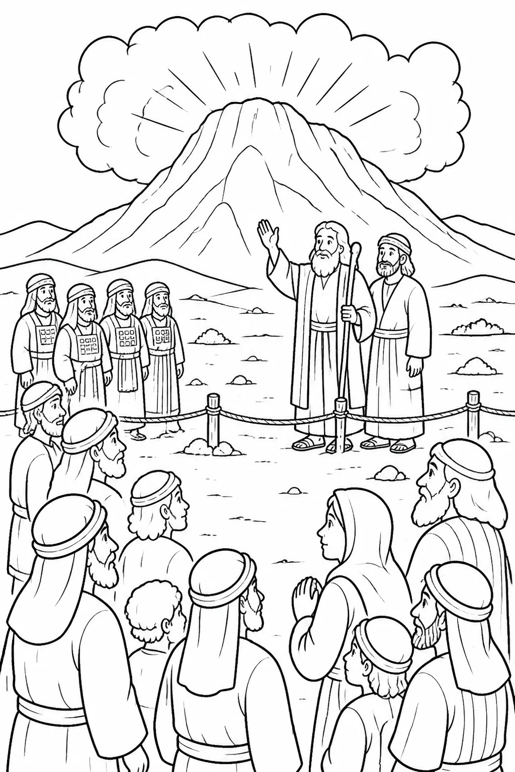 Moses and Aaron near the permitted approach to Mount Sinai while priests and the people of Israel remain behind a boundary, with God’s presence represented by the holy mountain, cloud, smoke, or darkness.