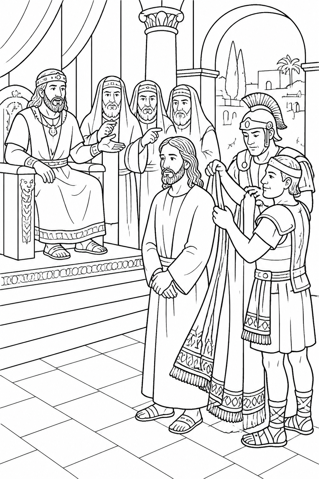 Jesus Stands Silent Before Herod from Jesus Is Arrested and Tried Bible coloring page