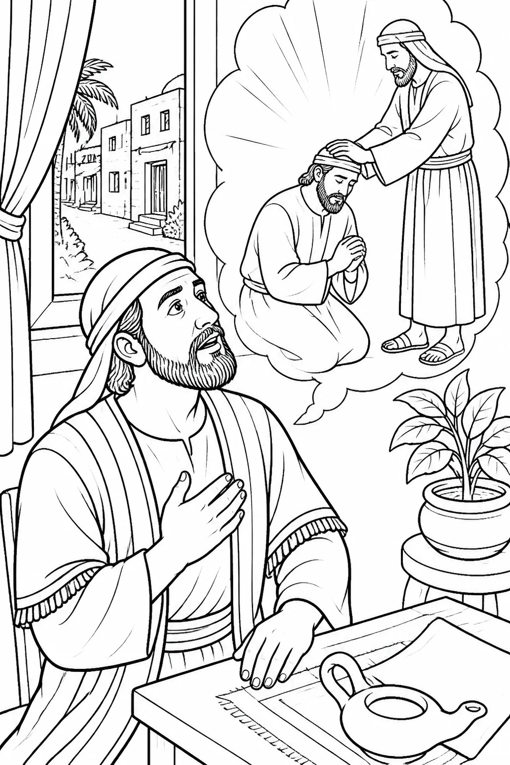 Ananias listens during a vision while Saul prays in Judas’s house on Straight Street and envisions Ananias laying hands on him.