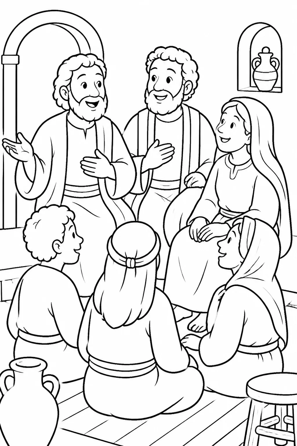 Encouraging Friends at Lydia’s House from Paul and Silas Sing in Prison Bible coloring page