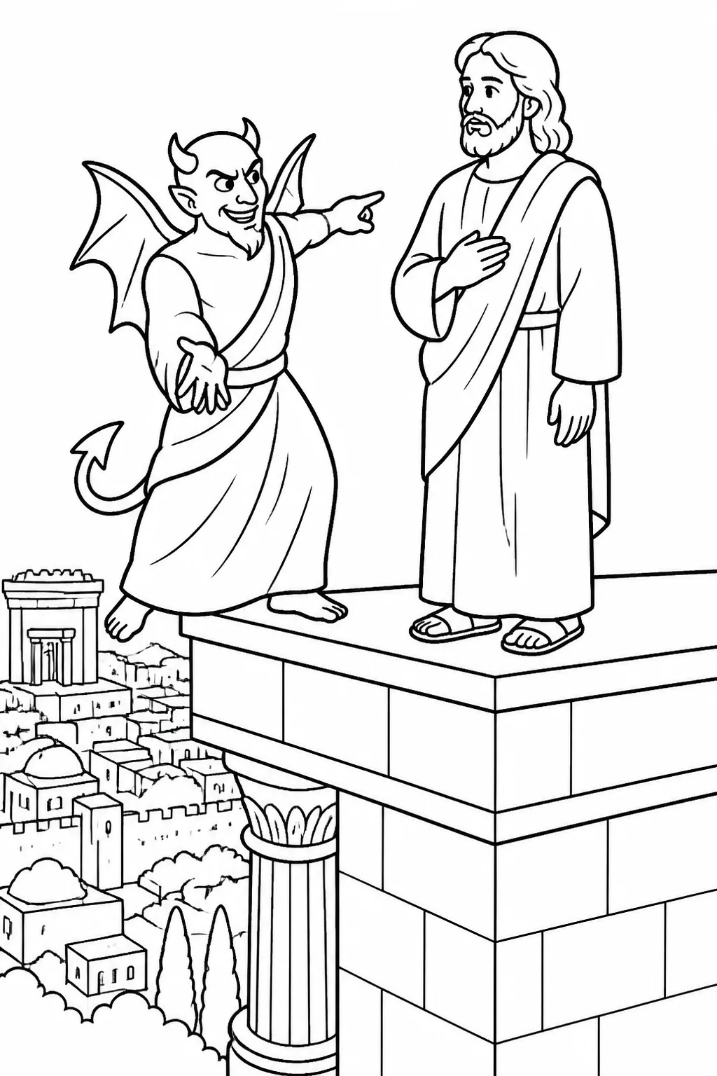 Jesus stands safely at the temple pinnacle in the holy city while the devil points toward jumping; Jesus refuses to test God.