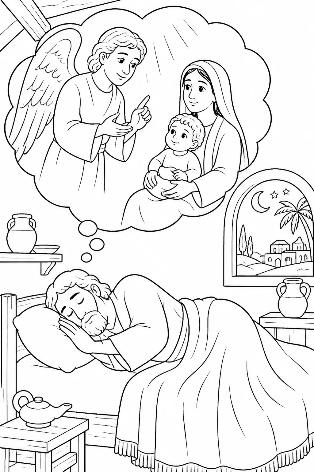 Joseph receives a warning from an angel of the Lord in a dream to take Jesus and Mary to Egypt for the child’s protection.