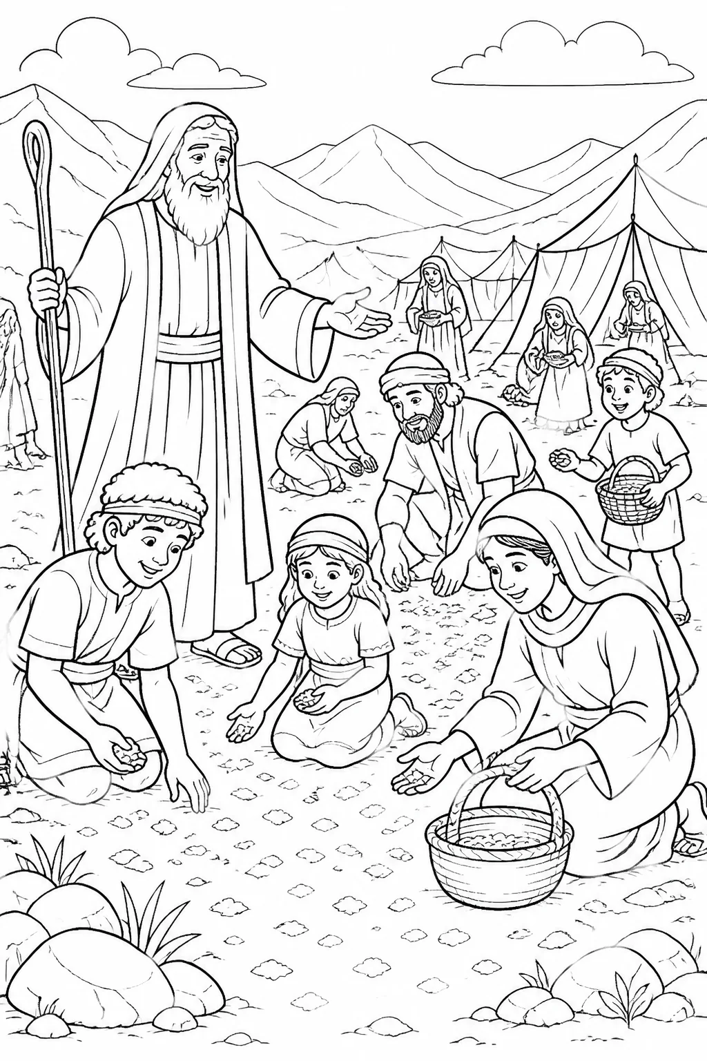 Moses and the Israelites in a wilderness camp discover fine, flaky manna on the ground after the dew lifts.