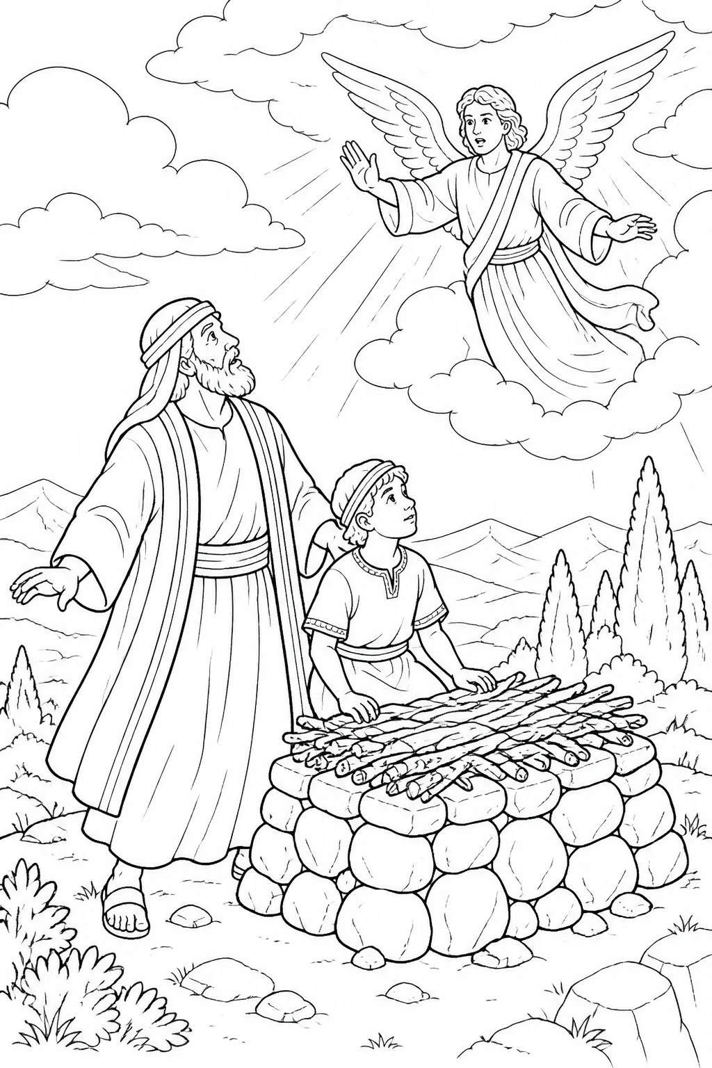 Abraham turns toward the angel of the LORD calling from heaven while Isaac remains unharmed near the altar.