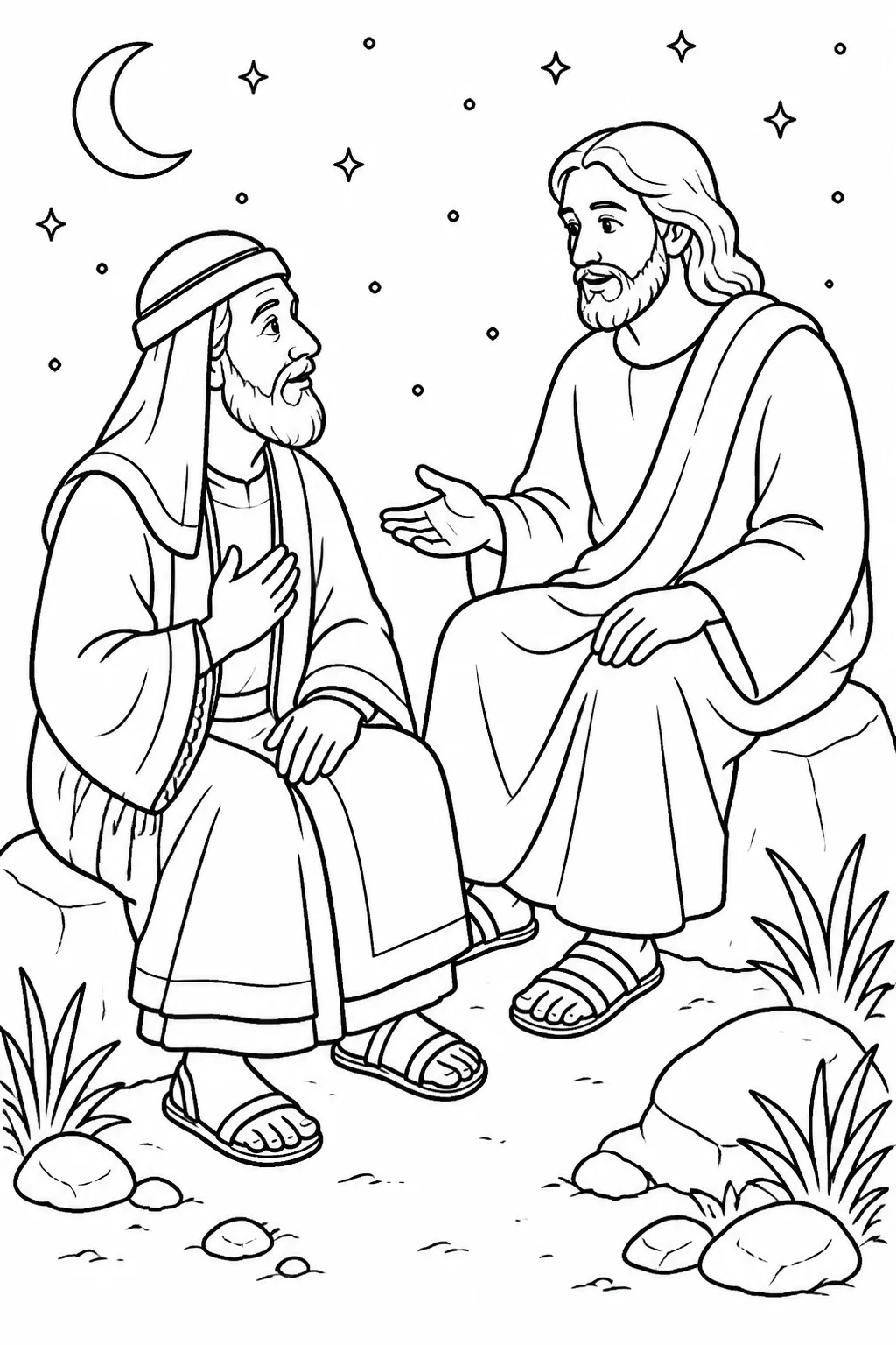 Jesus and Nicodemus meet respectfully at night in a simple, unspecified setting, beginning the conversation recorded in John 3:1-2.