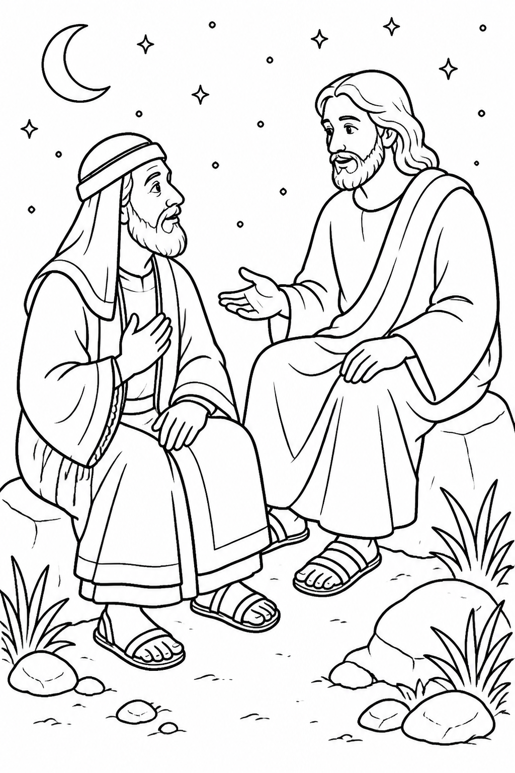 Nicodemus Visits Jesus at Night from Jesus Teaches Nicodemus Bible coloring page