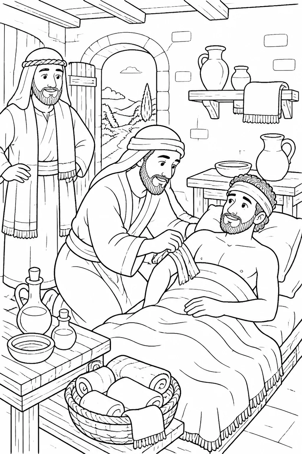 The Good Samaritan tends the wounded traveler inside an inn while the innkeeper stands nearby, with bandages, oil, and wine representing the care described in Luke 10:33–35.