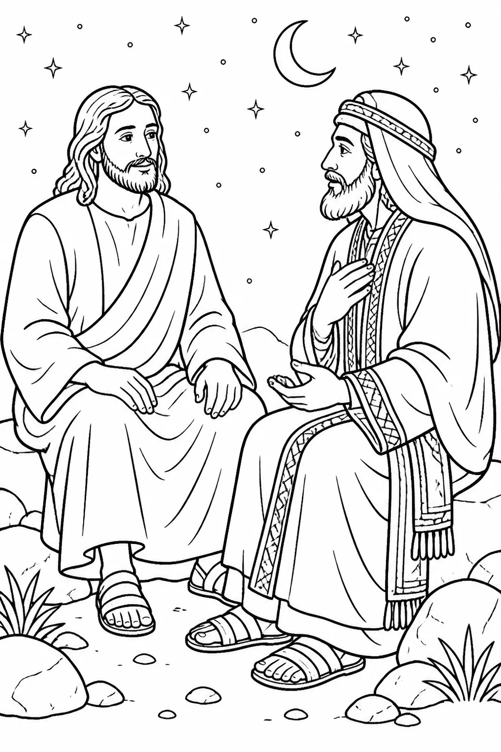 Jesus and Nicodemus meet respectfully at night in a simple, unspecified setting, beginning the conversation recorded in John 3:1-2.