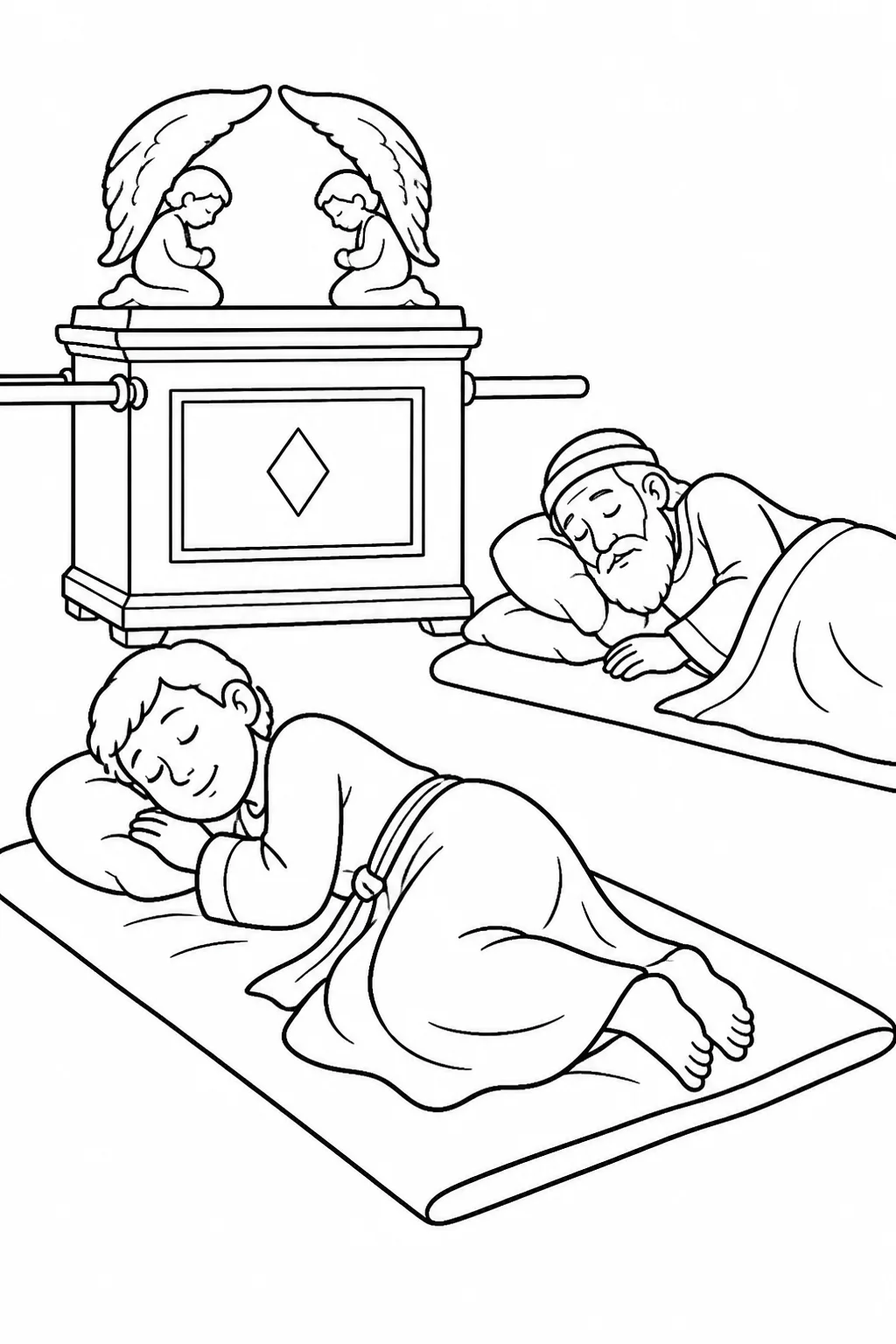 Samuel resting near the ark of God in the LORD’s temple while Eli rests in his own place, based on 1 Samuel 3:1-3.
