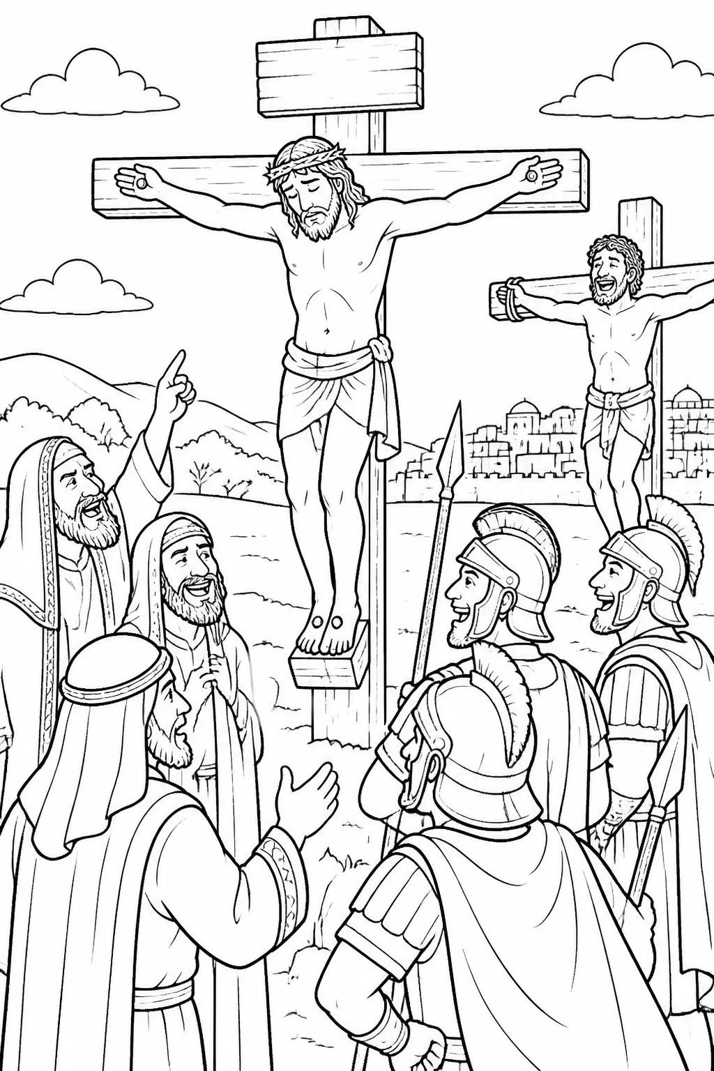 Jesus on the cross with a written notice above him identifying him as the King of the Jews, while rulers, soldiers, and one criminal mock him.