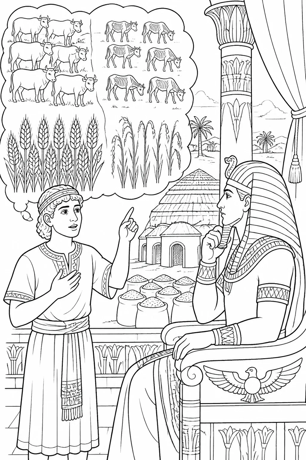 Joseph explains Pharaoh’s dreams of healthy and thin cows and ears of grain while pointing toward grain storehouses and a plan for preparation.