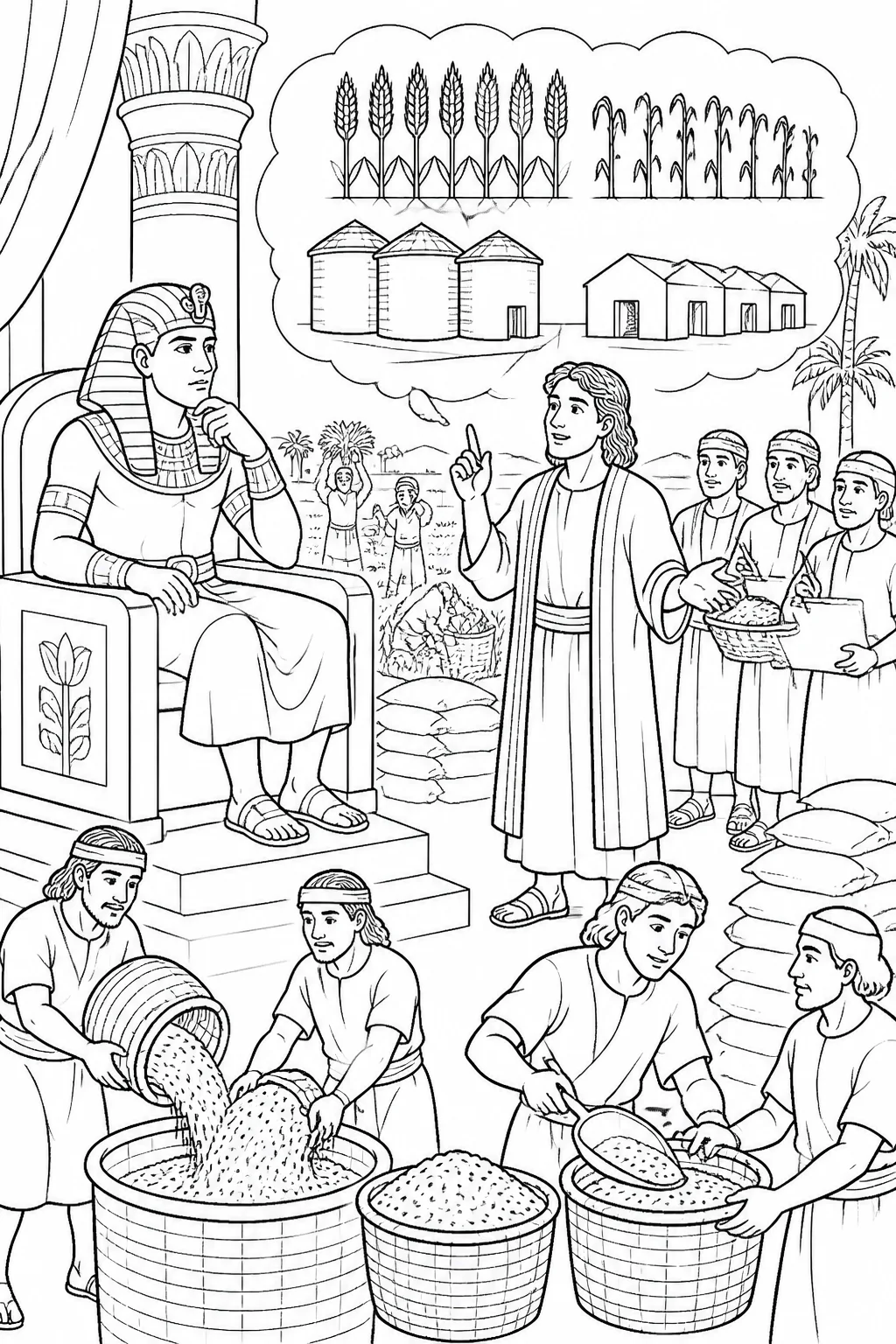 Joseph presents Pharaoh with a plan for seven years of abundant harvest followed by seven years of scarce food, including collecting one-fifth of the grain for storage.