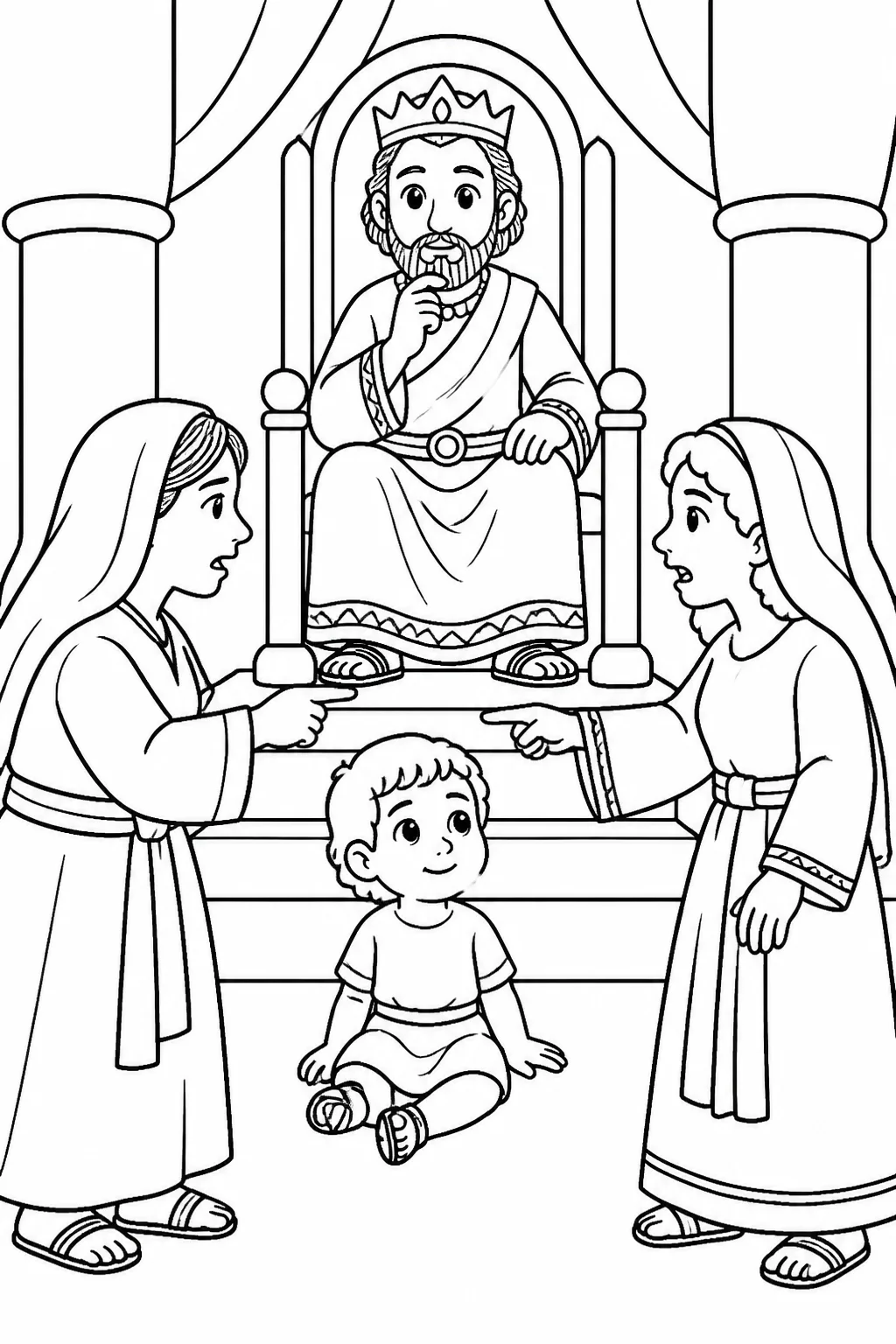 Solomon’s court with two unnamed women making conflicting claims about one living child; the dead child is not shown.