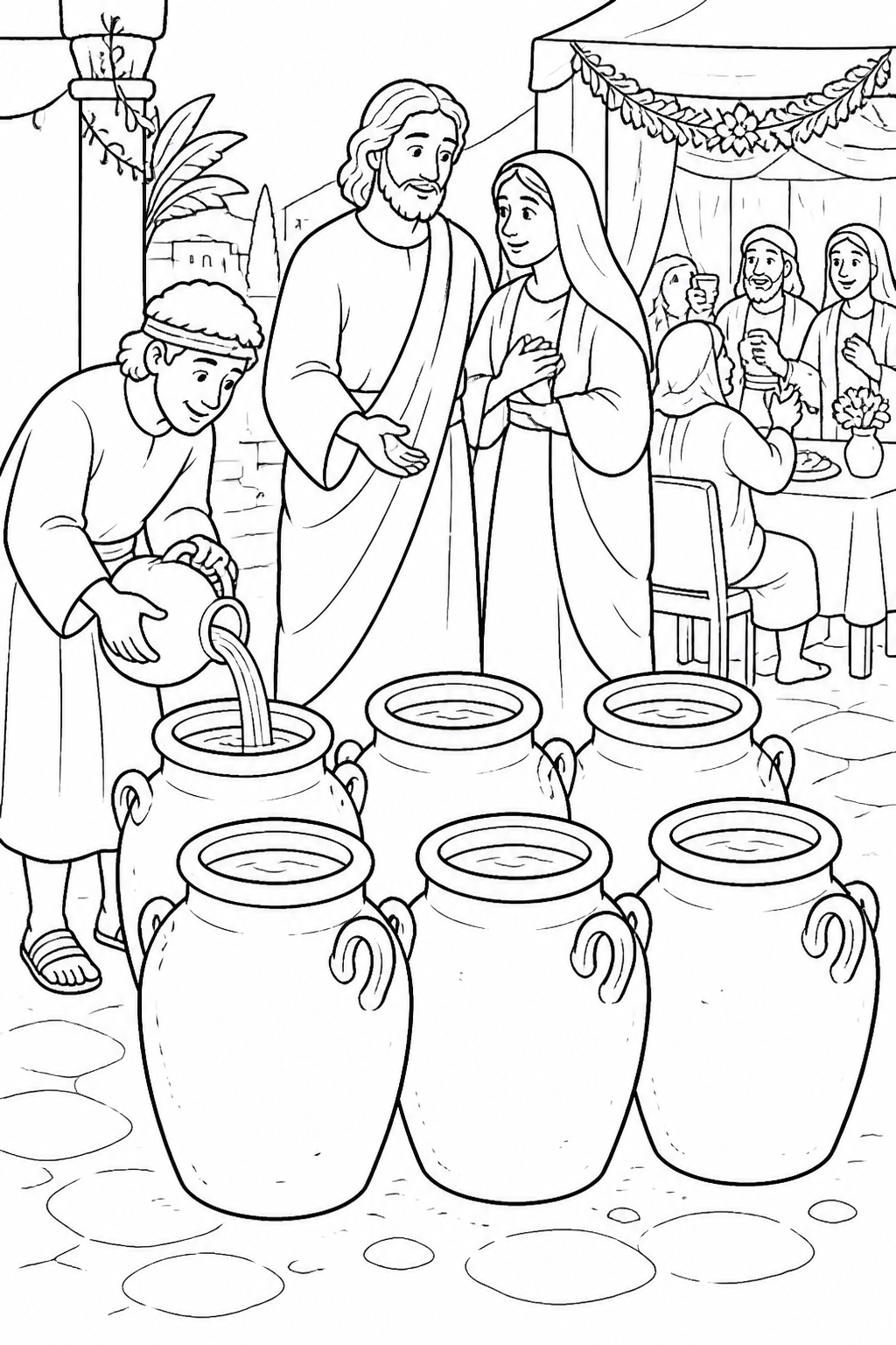 Six Stone Jars Nearby from Jesus Turns Water into Wine Bible coloring page