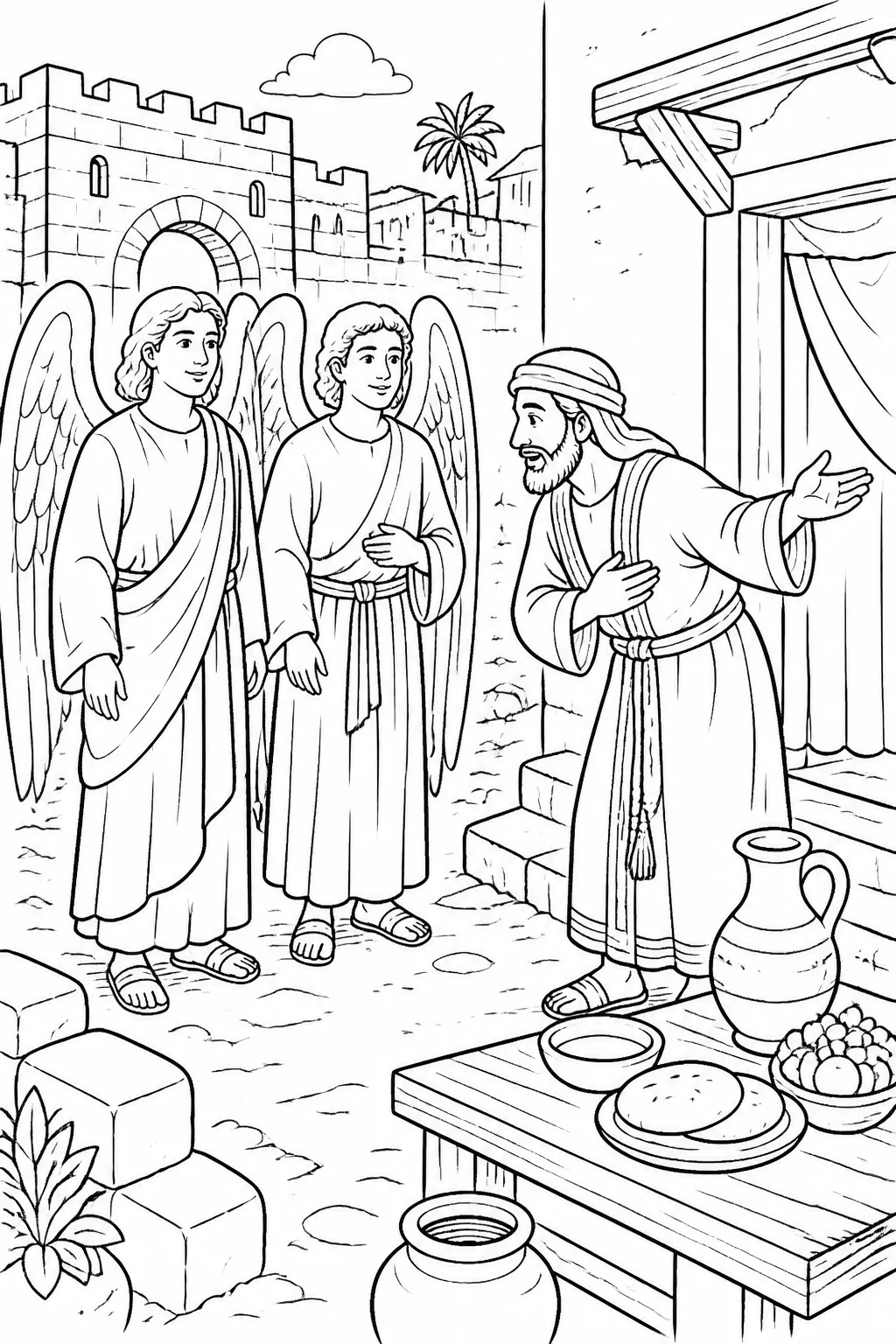Lot welcomes two angels at Sodom’s city gate and invites them toward his house, where he prepares a simple meal.