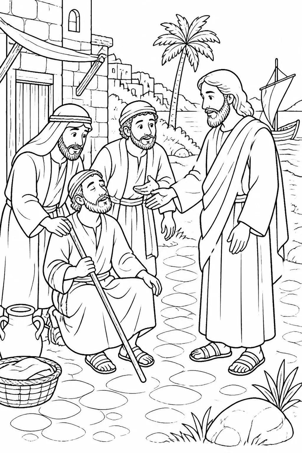 Jesus with a blind man and unnamed people bringing him to Jesus in Bethsaida, based on Mark 8:22.