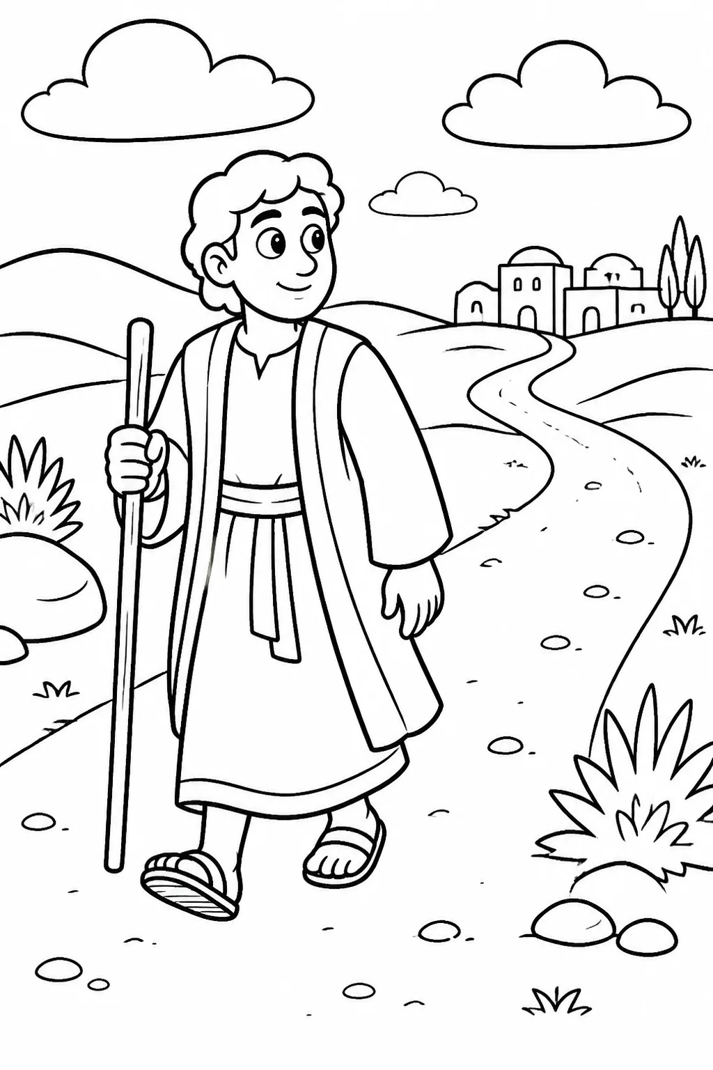 Jacob traveling alone along a road or open landscape from Beersheba toward Haran, based on Genesis 28:10.