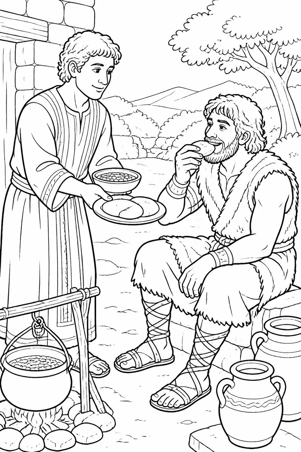 Jacob gives Esau bread and a bowl of lentil stew beside a cooking area after Esau sells his birthright.