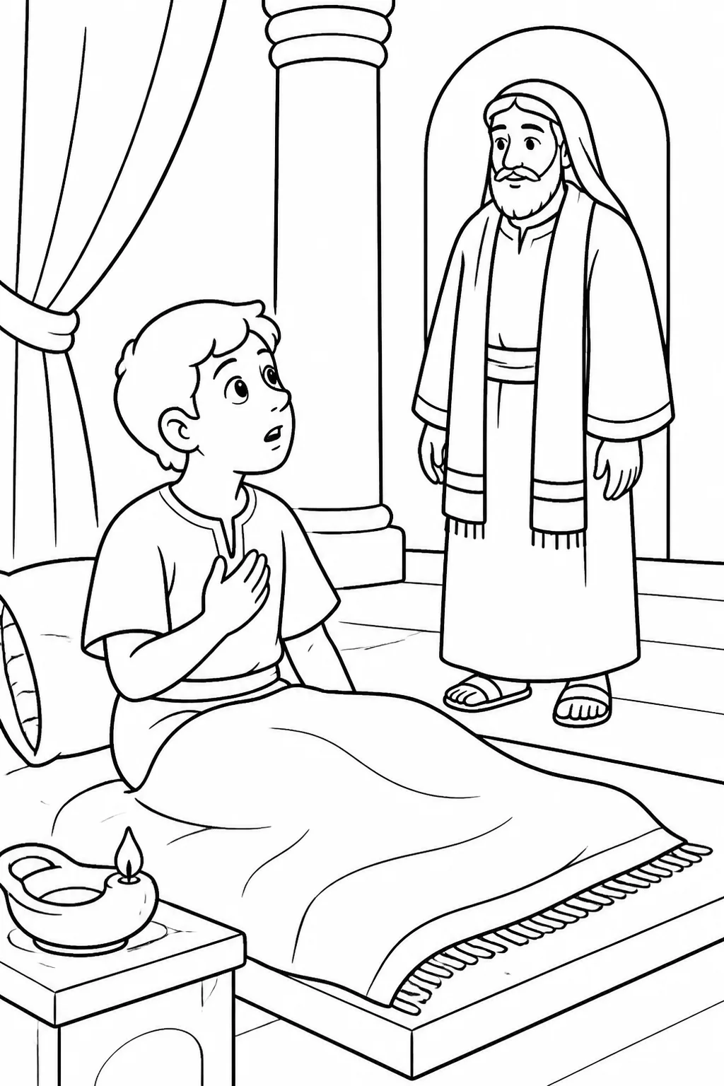 Samuel listening reverently in the LORD’s temple as the LORD calls him and gives a serious message, based on 1 Samuel 3:10-14.