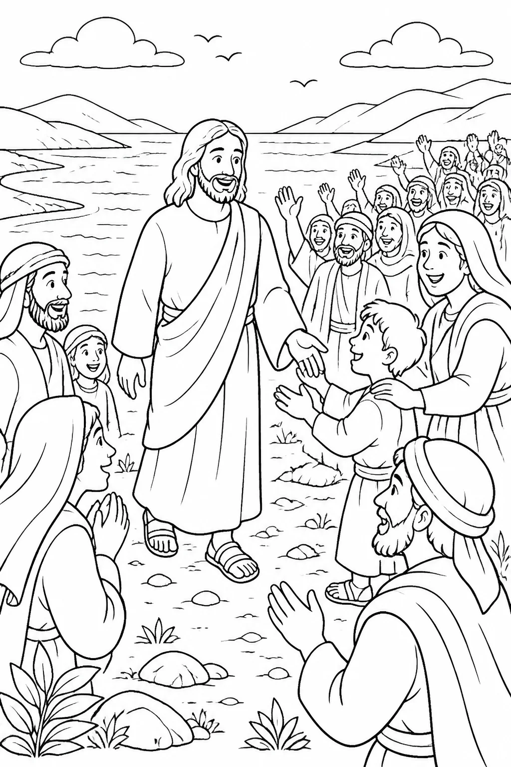 Jesus steps toward a lakeshore as a large crowd gathers around him, illustrating Mark 5:21.